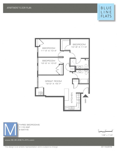 Floor plan for 3 beds, 2 baths, 1066 sqft